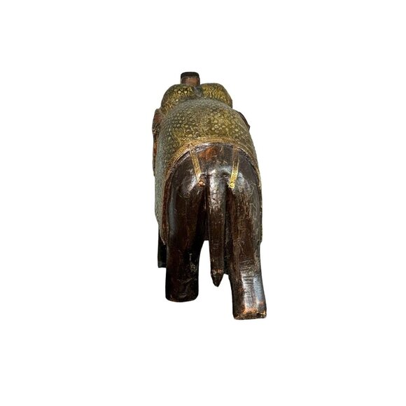 Hand Carved Wooden Elephant Brass Metal blanket Nails for Tusks Brass Metal Eyes - Picture 8 of 11